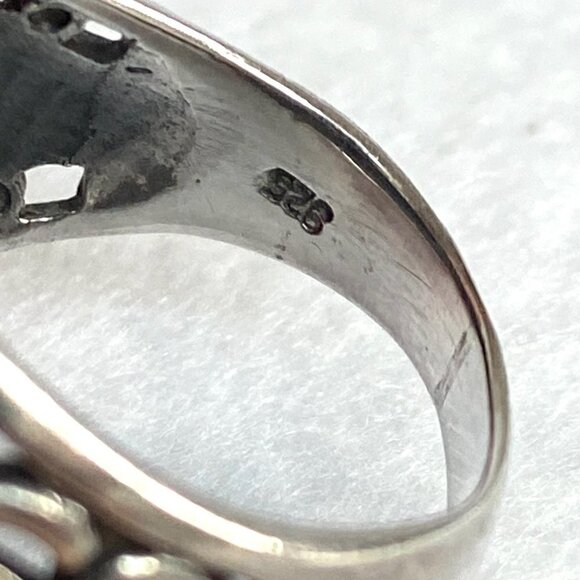 Sterling Silver 925 Chunky Oval Black Onyx Cab Pierced Scrollwork Ring Sz 6.5 - Picture 8 of 16